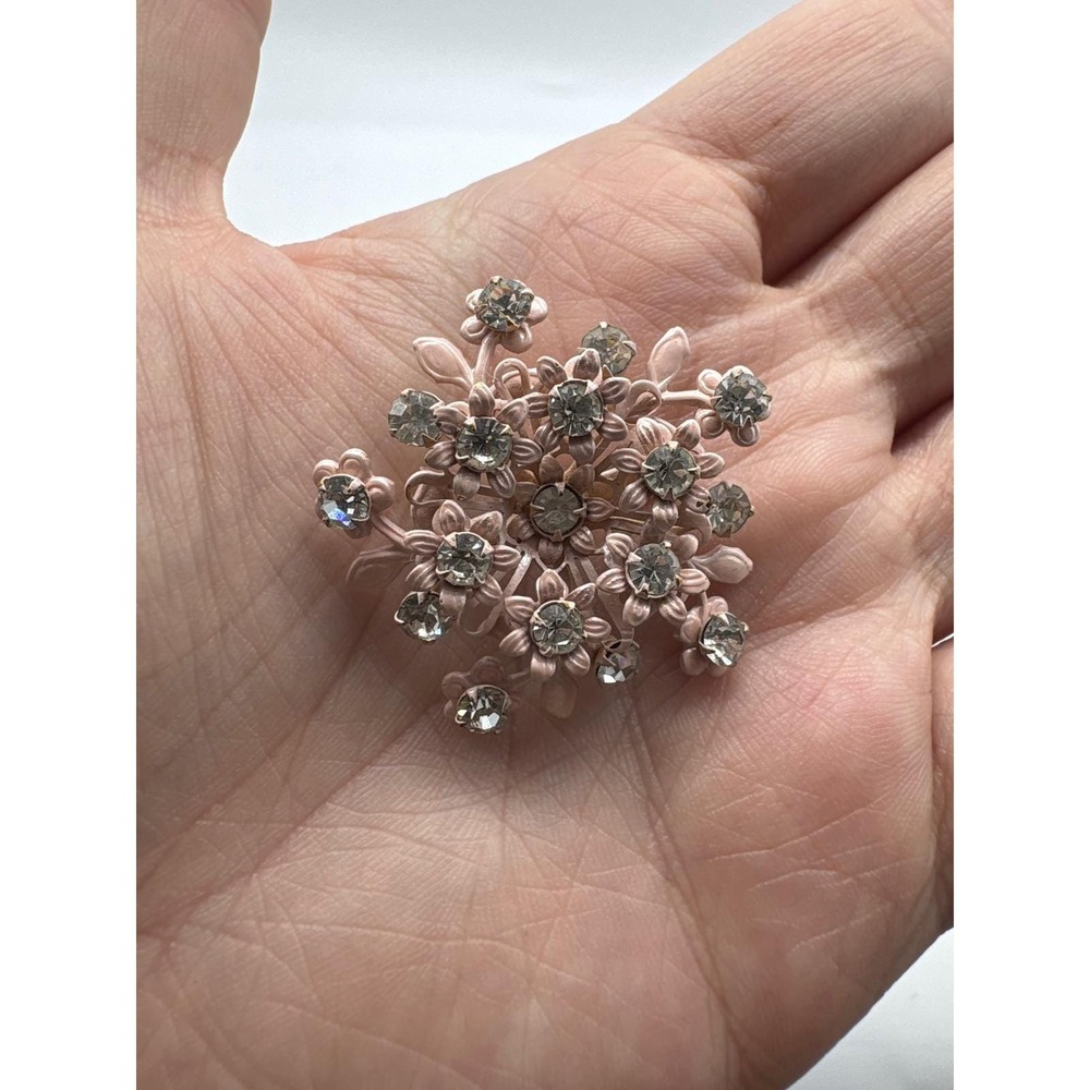 Vintage Gold Tone Pale Pink Enamel Floral Rhinestone Brooch Pin